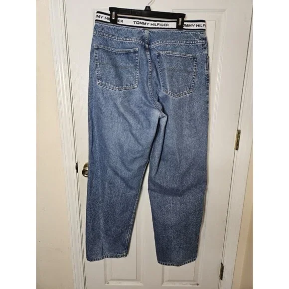 Vintage Tommy Hilfiger Jeans Mens 36x32 Blue Big Flag Straight Y2K Pants Baggy - Picture 8 of 12